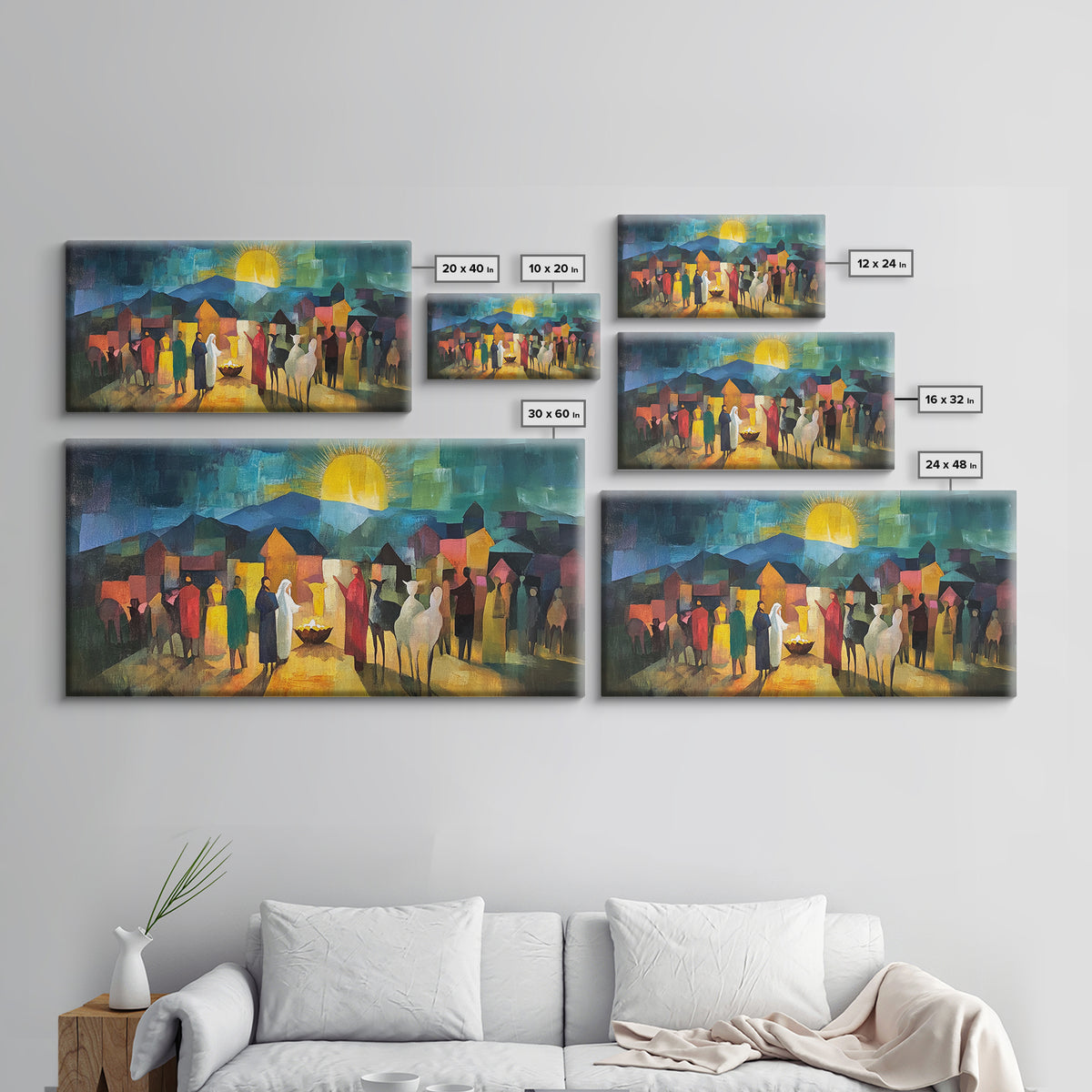 Christmas Nativity Scene Art Print - Framed WalL Art Canvas Print - Mary, Joseph and Baby Jesus in Bethlehem Abstract Oil Painting Print