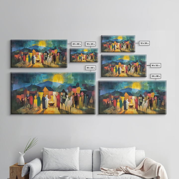 Christmas Nativity Scene Art Print - Framed WalL Art Canvas Print - Mary, Joseph and Baby Jesus in Bethlehem Abstract Oil Painting Print