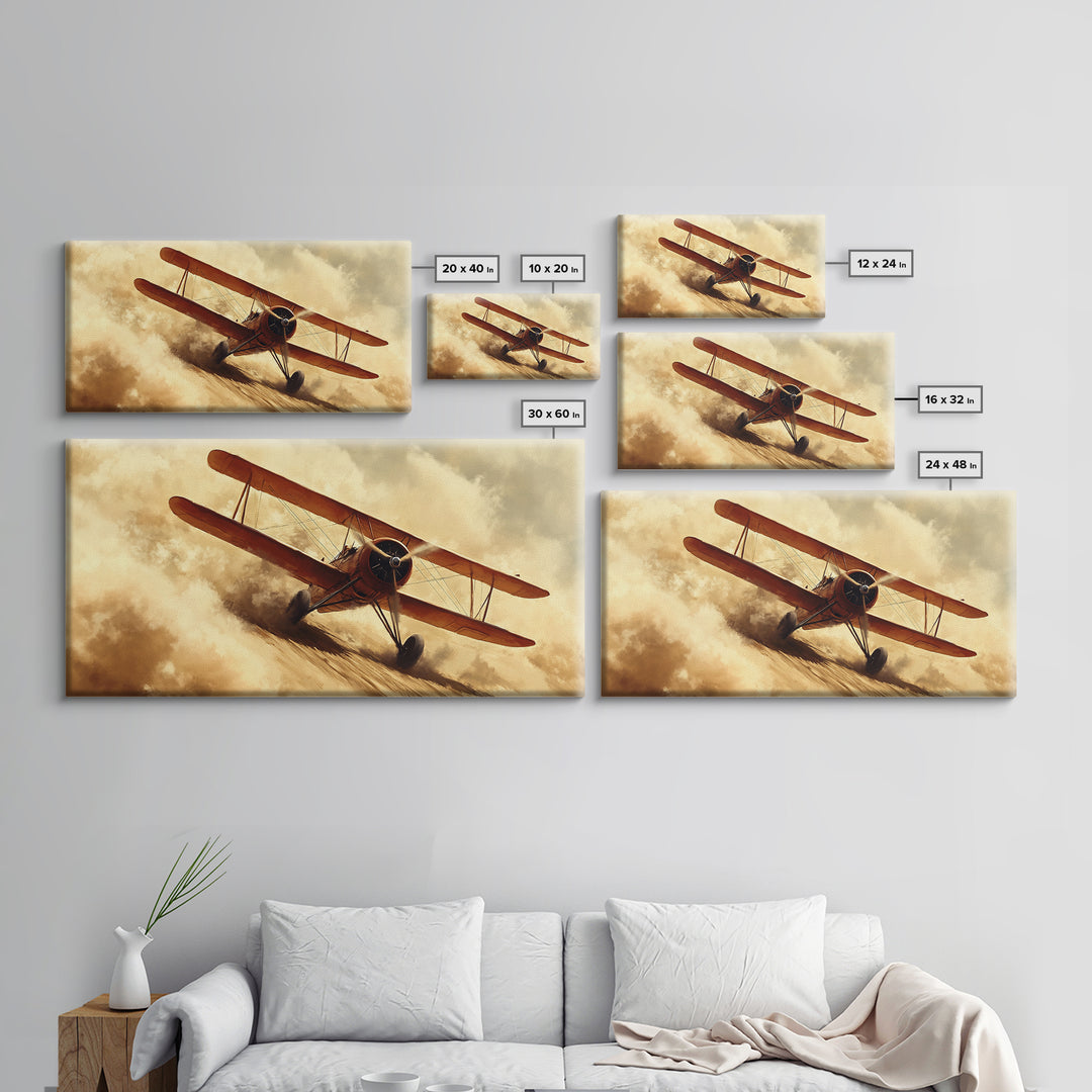 Biplane Taking Off In a Sandstorm, 1920s Airplane Painting, Retro Airplane Wall Art, Gift For Him, Office or Man Cave Wall Art