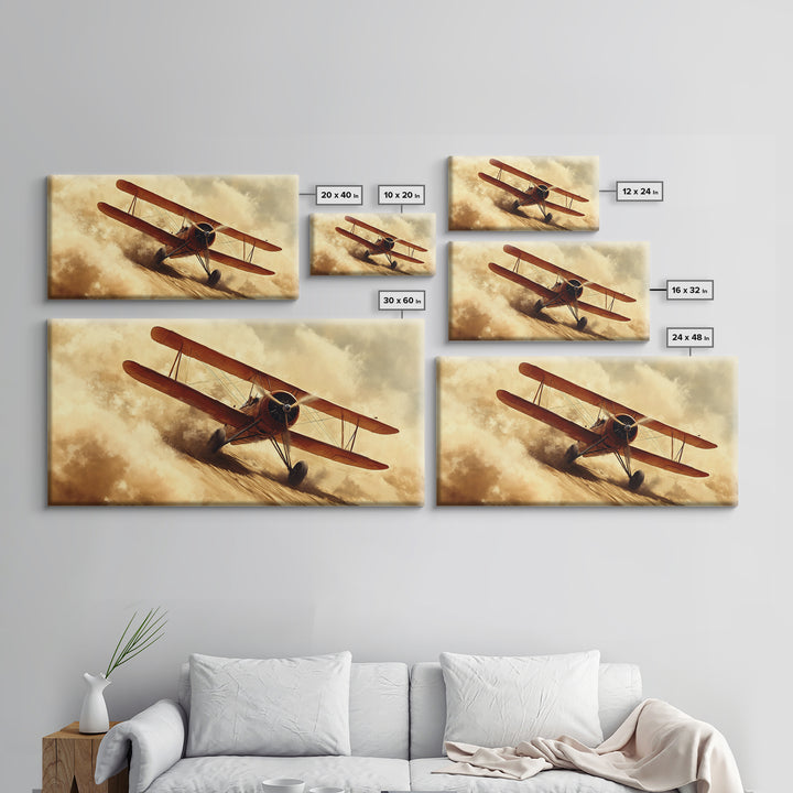 Biplane Taking Off In a Sandstorm, 1920s Airplane Painting, Retro Airplane Wall Art, Gift For Him, Office or Man Cave Wall Art