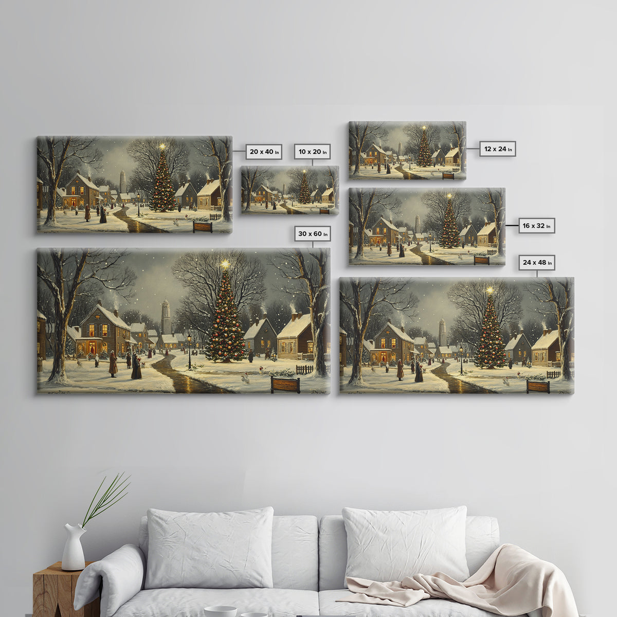 Christmas Sceneary Wall Art Framed Canvas Print, Winter Wall Art, Christmas Village Painting, Victorian Christmas Oil Painting, Horizontal Art