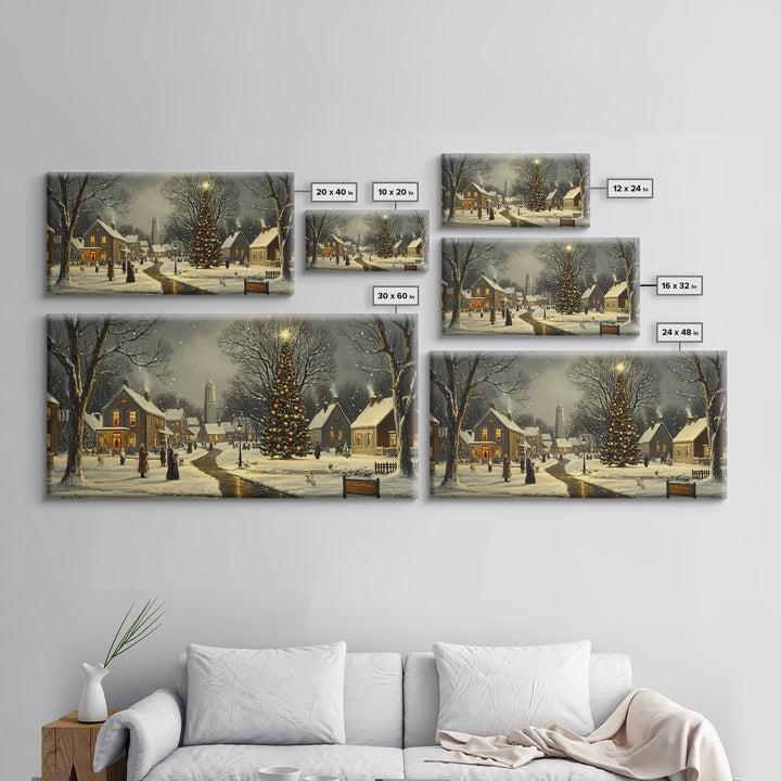 Christmas Sceneary Wall Art Framed Canvas Print, Winter Wall Art, Christmas Village Painting, Victorian Christmas Oil Painting, Horizontal Art