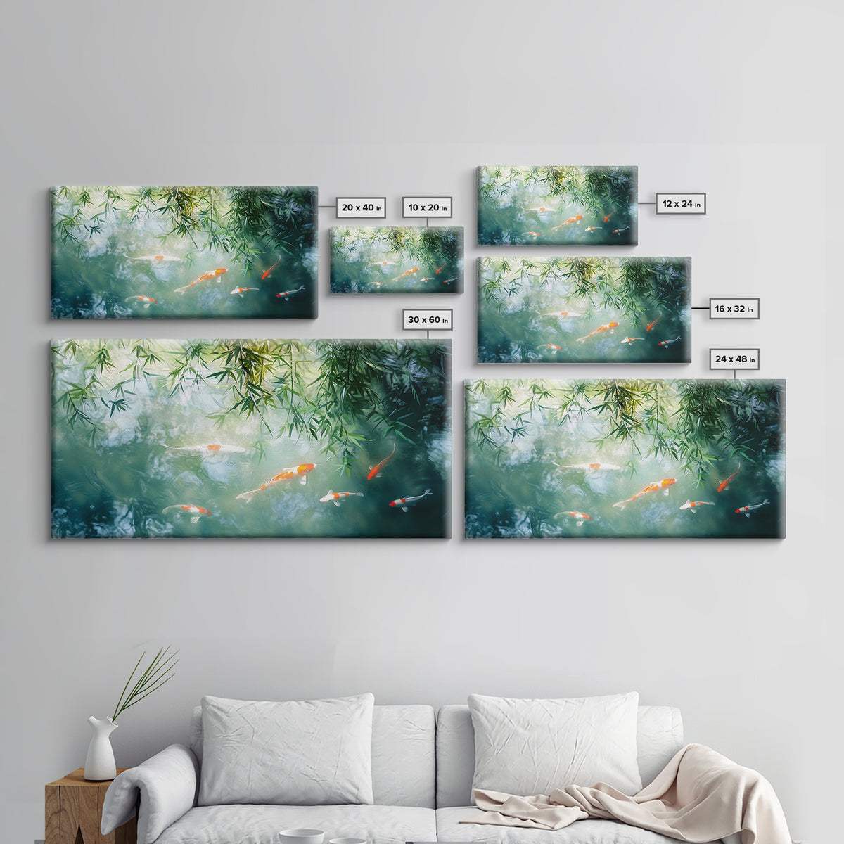 Koi Fish Swimming In a River Framed Canvas Print - Minimalist Art Wabi Sabi Style Home Decor
