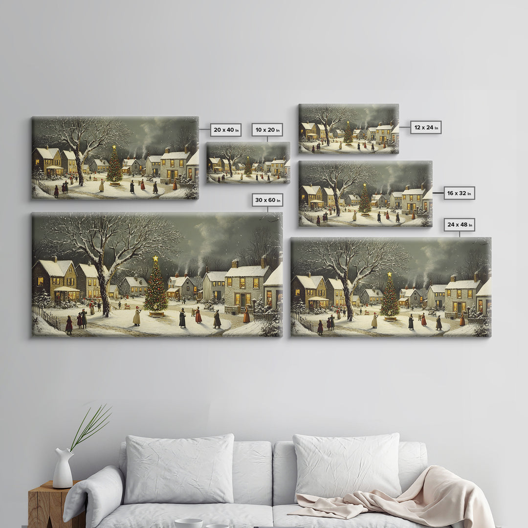 Bustling Christmas Street Scene Oil Painting Canvas Print, Snowy Holiday Night, Festive Victorian Christmas Village Oil Painting, Christmas Decor