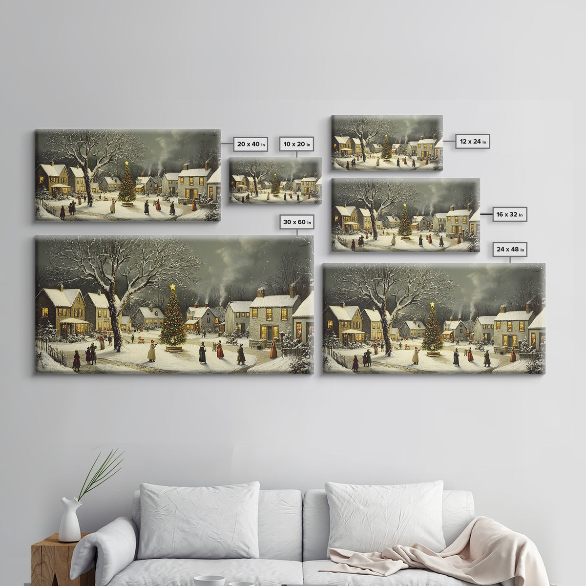 Bustling Christmas Street Scene Oil Painting Canvas Print, Snowy Holiday Night, Festive Victorian Christmas Village Oil Painting, Christmas Decor