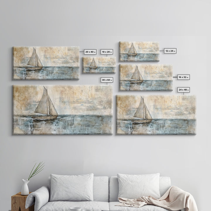 Coastal Sailboat Painting Print, Ready To Hang Art, Framed Canvas, Coastal Art Print For Beach House Decor, Wabi Sabi Sailboat, Inspired Ocean