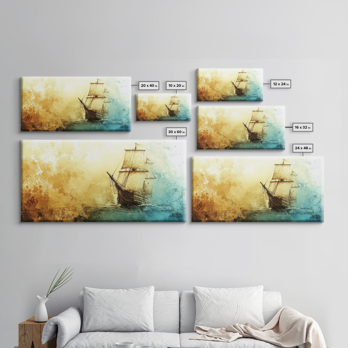 Abstract Pirate Ship Nautical Decor Framed Canvas Print - Nautical Wall Decor - Sailboat Painting - Neutral Wall Decor - Coastal Wall Art