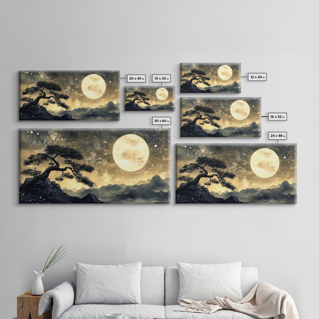 Bonzai Tree Under a Full Moon, Framed Canvas Print Ready To Hang, Minimalist Wabi Sabi Japanese Style Artwork, Above Sofa Wall Art, Home Decor