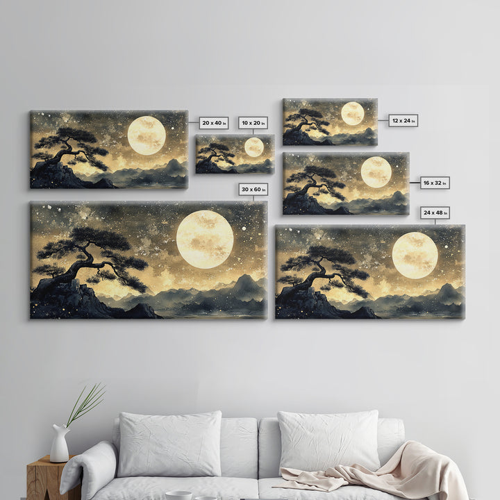 Bonzai Tree Under a Full Moon, Framed Canvas Print Ready To Hang, Minimalist Wabi Sabi Japanese Style Artwork, Above Sofa Wall Art, Home Decor