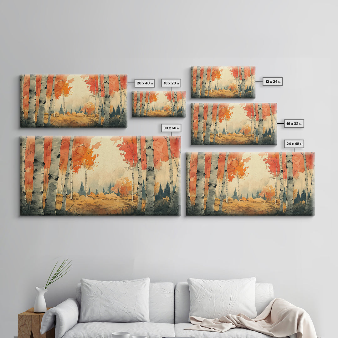 Birch Tree Landscape Painting Print, Accent Piece, Accent Wall Art, Autumn Landscape Canvas Print, Birch Forest Art, Watercolor Birches