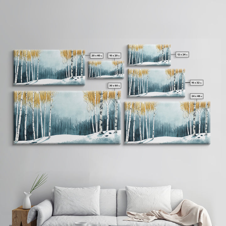 Birch Tree Forest in Winter Framed Canvas Print Ready To Hang Wall Decor, Winter Art, Winter Decor, Birch Painting, Aspen Trees Forest Art