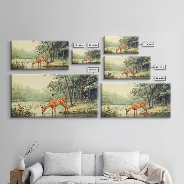 Deer Drinking Water in Forest Painting Print, Deer Painting, Cabin Decor, Cabin Wall Art, Framed Canvas Print, Nature Lover Gift, Nature Art