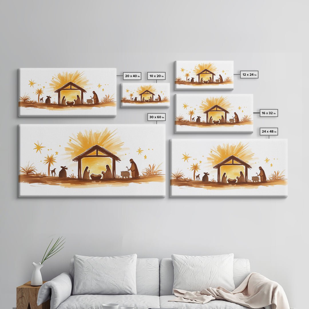 Cute Nativity Watercolor Painting Canvas Print - Framed Wall Art - Ready To Hang - Christmas Nativity Centerpiece Wall Art