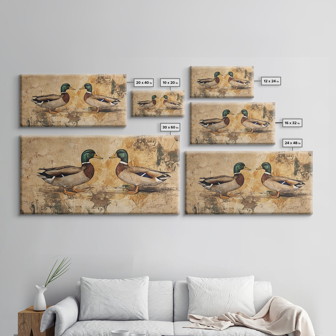 Cute Kissing Mallard Ducks - Rustic Farmhouse Wall Art - Framed Canvas Print - Gift For Hunter or Outdoorsman - Cabin Art - Cabin Decor