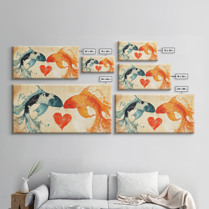 Cute Koi Fish Kissing - Couple Gift Idea - Framed Canvas Print - Valentine's Day Wall Art - Wall Art For Couples - Engagement Gift Idea