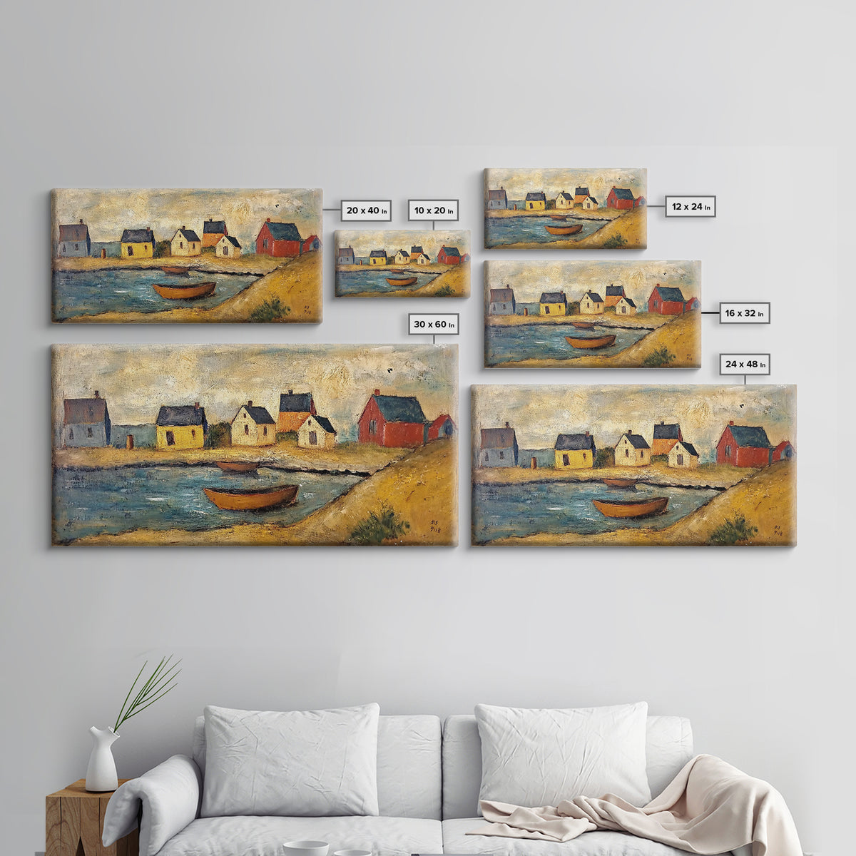 Nautical Landscape Canvas Print, 19th Century Folk Art Seascape Painting, Nautical Decor, Retro Minimalist Seaside Village Oil Painting