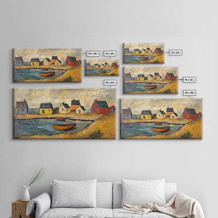 Nautical Landscape Canvas Print, 19th Century Folk Art Seascape Painting, Nautical Decor, Retro Minimalist Seaside Village Oil Painting