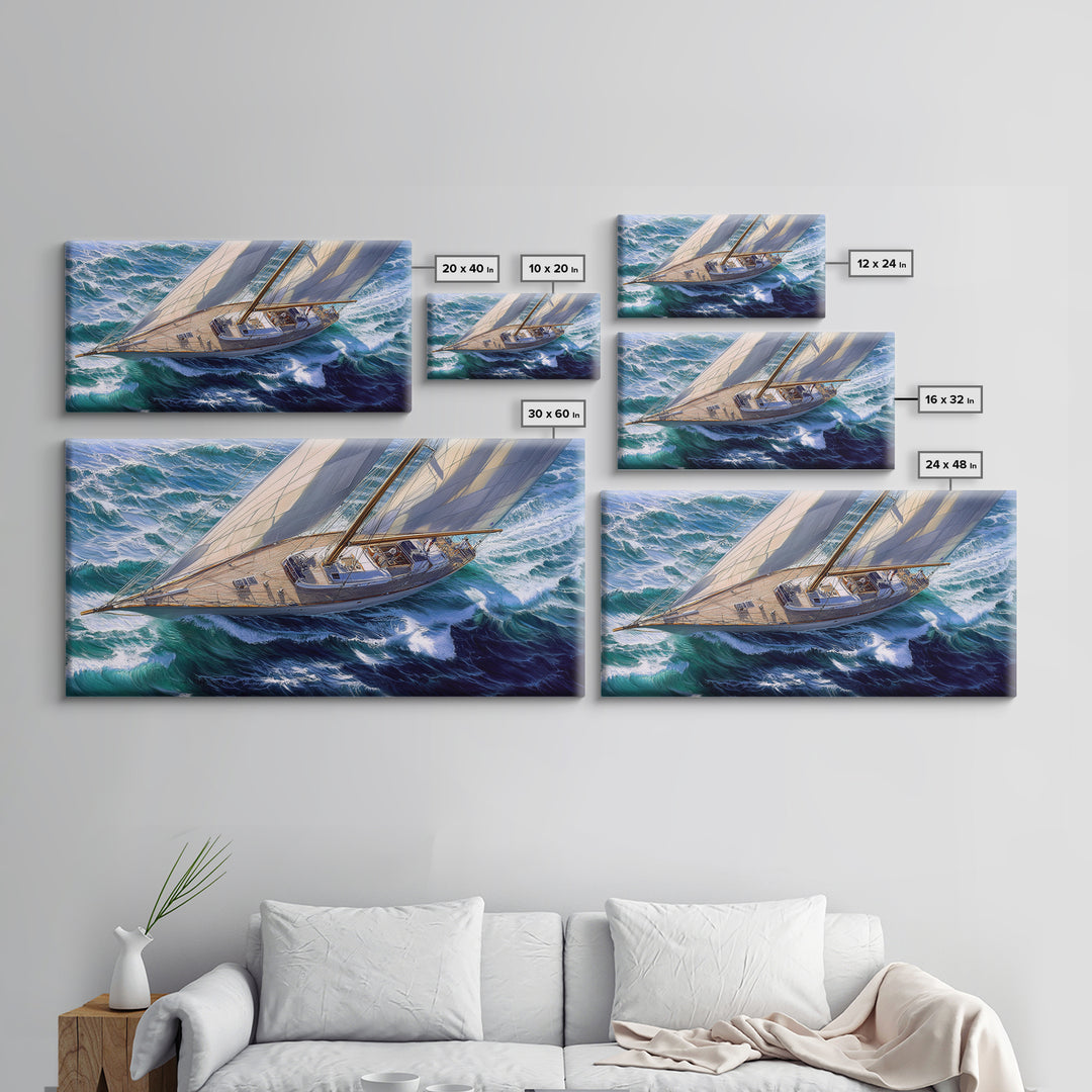 Bird's Eye View of a Retro Sailboat Painting Print, Sailboat Wall Art, Nautical Decor, Sailing Gift Idea, Sailing Wall Art