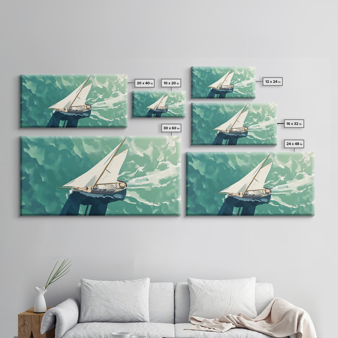 Bird's Eye View of a Sailboat Nautical Painting Print, Framed Canvas Art, Statement Piece, Nautical Centerpiece Wall Art