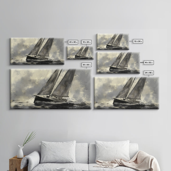 Black and White Charcoal Sketch Print of a Sailboat In a Storm, Framed Canvas Print, Nautical Wall Art, Nautical Home Decor