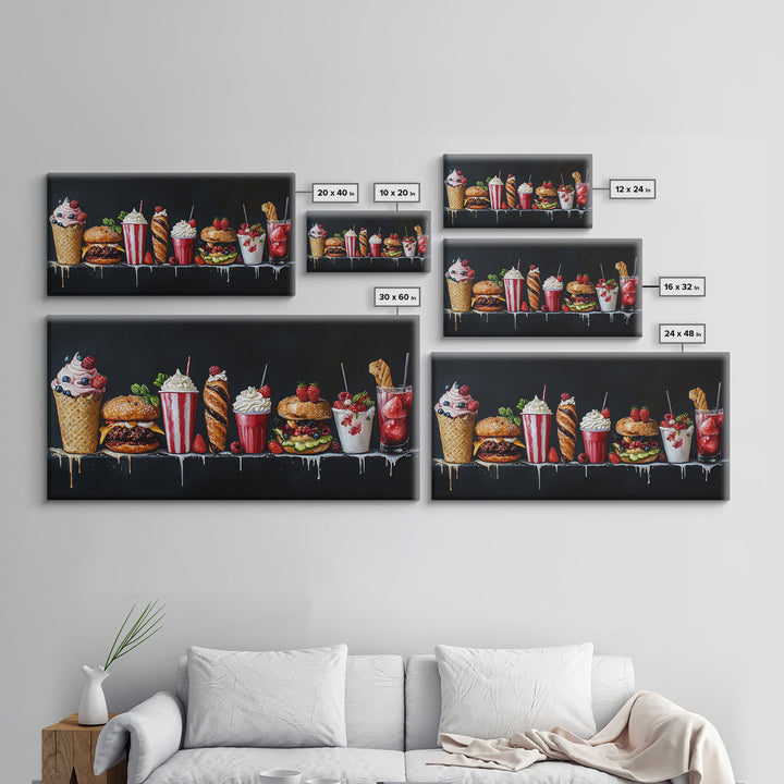 Diner Decor, Restaurant Wall Art, Canvas Print Painting Of Burgers, Desserts and Milk Shakes - 1950s Diner Wall Art