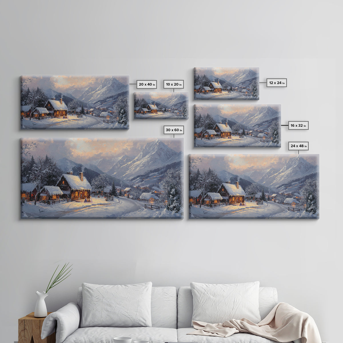 Christmas Mountain Village Oil Painting Print, Framed Canvas, Retro Christmas, Christmas Mountain Landscape Painting, Christmas Art