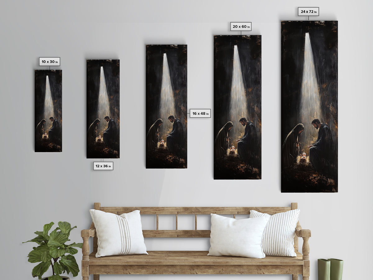 Tall Skinny Nativity Painting Canvas Print, Christmas Wall Art, Christmas Decor, Nativity Oil Painting, Jesues In His Manger