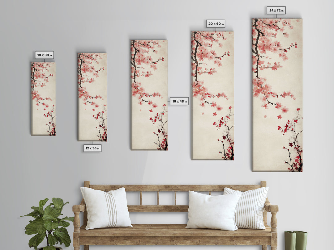 Cherry Blossom Branch Framed Canvas Print Tall Skinny Art Floral Japanese Decor, Cherry Blossom Painting, Minimalist Botanical Wall Art, Above Sofa Art