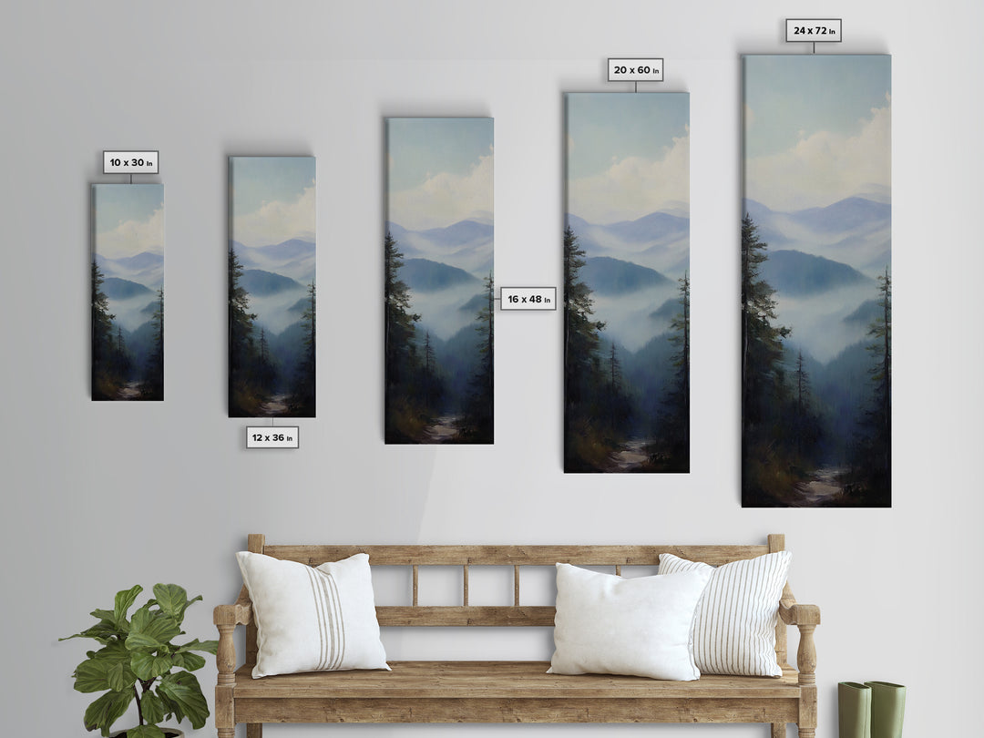 Misty Mountain Fog Framed Canvas Print Peaceful Nature Landscape Painting, Smoky Mountain Art, Above Bed Wall Art, Blue and Green Wall Art, Guest Room Art