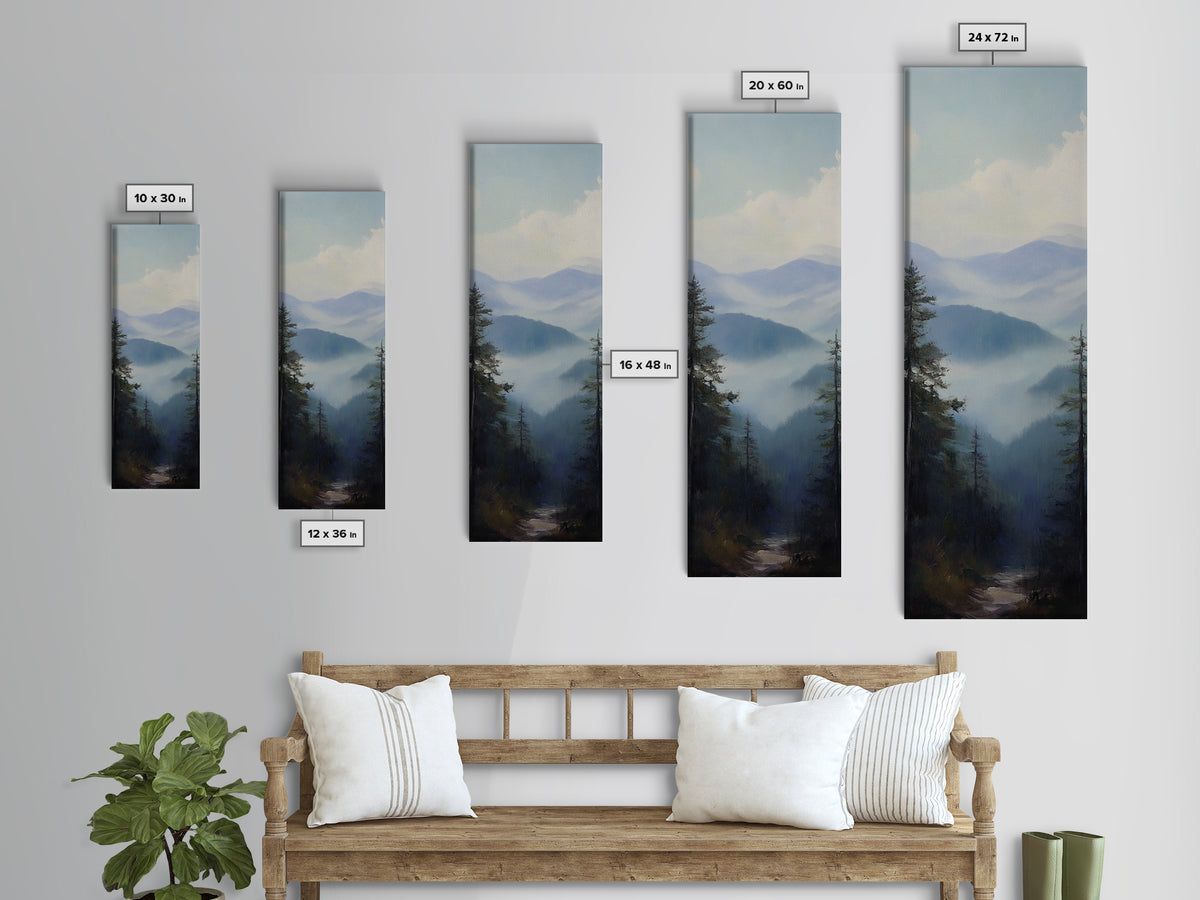 Misty Mountain Fog Framed Canvas Print Peaceful Nature Landscape Painting, Smoky Mountain Art, Above Bed Wall Art, Blue and Green Wall Art, Guest Room Art