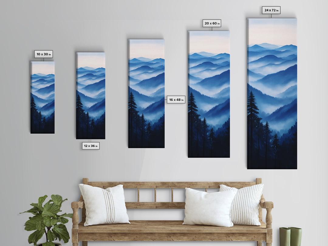 Blue Misty Mountains Framed Canvas Print Calming Nature Landscape Art, Smoky Mountain Art, Blue and Green Wall Art, Minimalist Decor, Bedroom Art