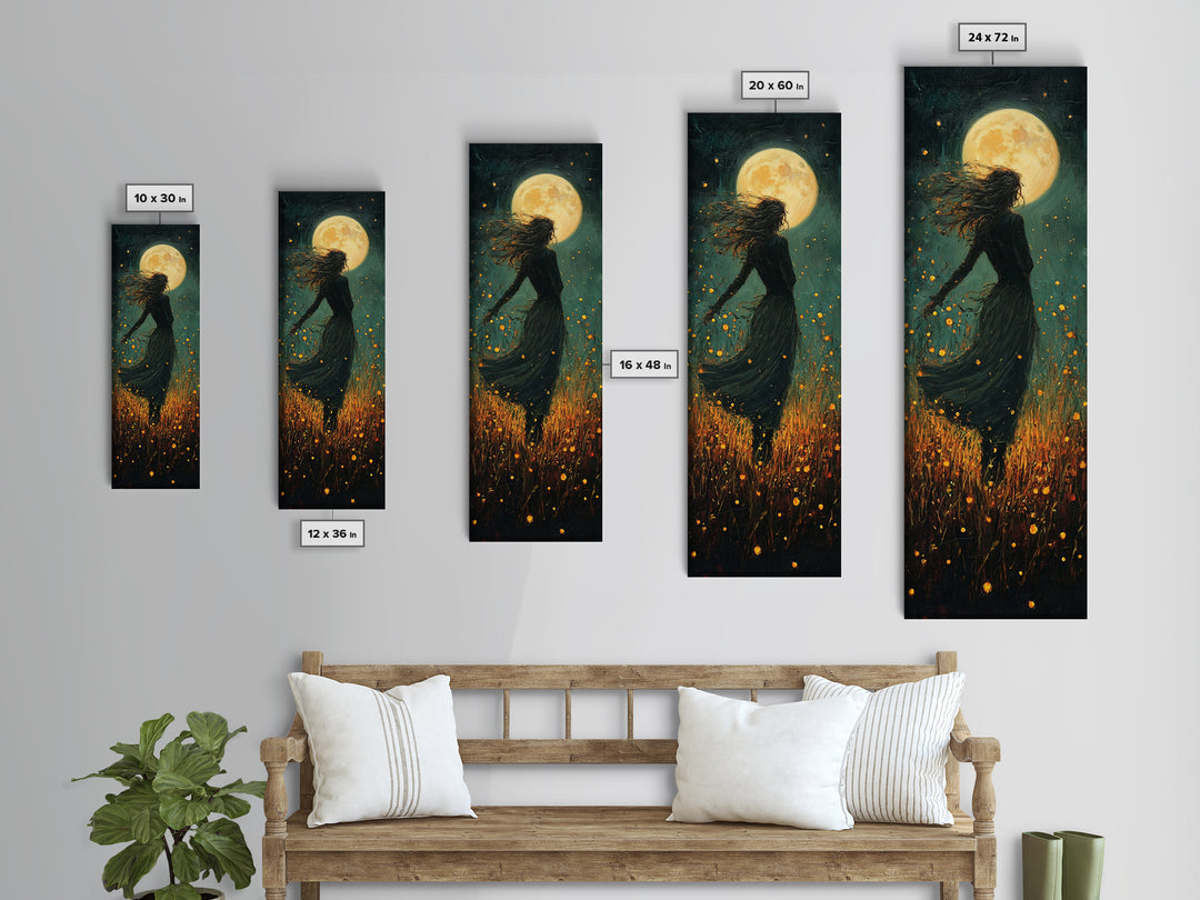 Moonlight goddess painting mystical framed canvas print, ethereal night scene, boho wall art, spiritual bedroom decor, wildflower moon art
