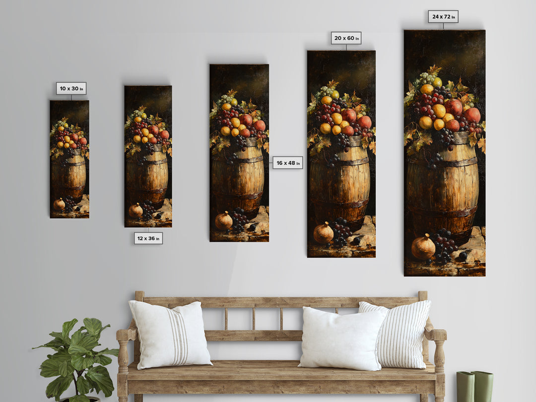 Still Life Oil Painting Print of Fruit and a Wine Barrel, Wine Room Art, Wine Cellar Art, Bar Decor, Tall Skinny Art, Skinny Vertical Art