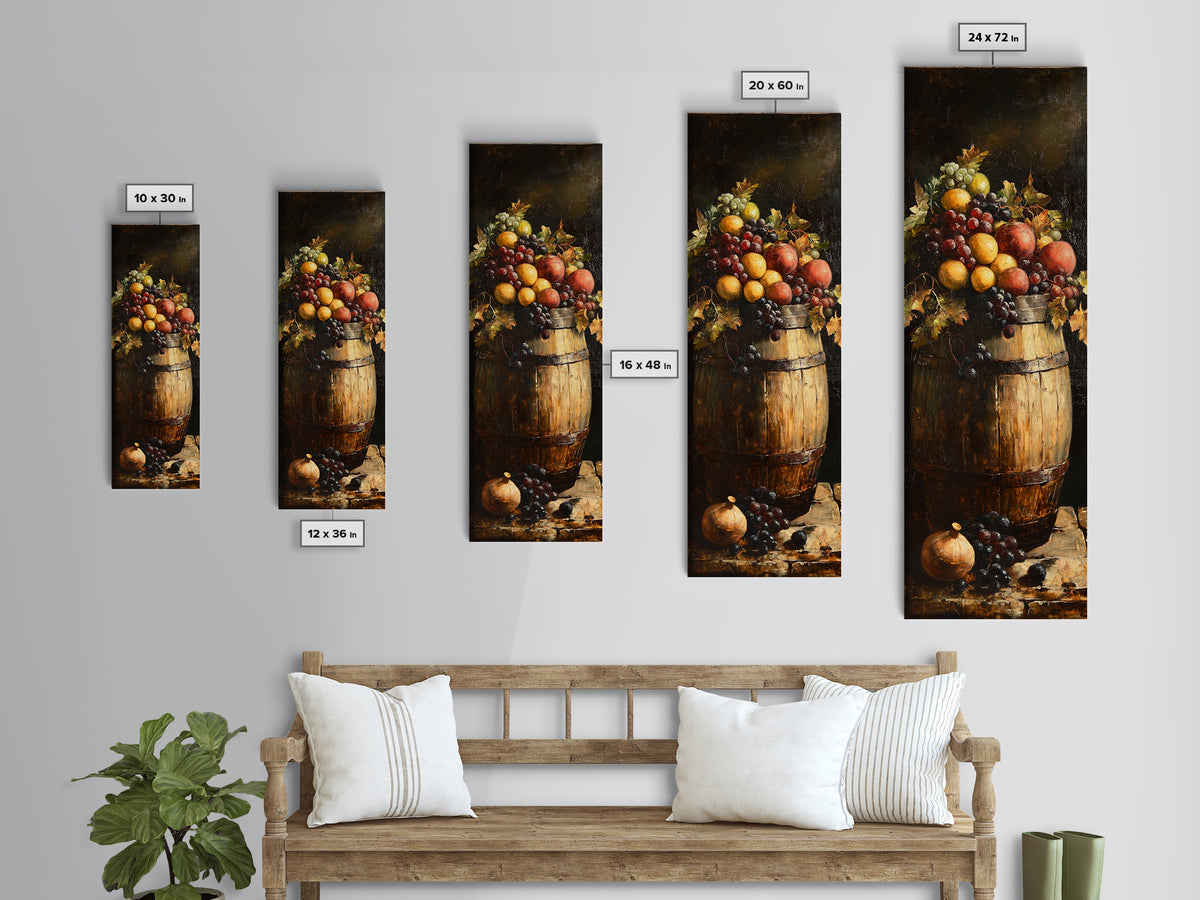 Still Life Oil Painting Print of Fruit and a Wine Barrel, Wine Room Art, Wine Cellar Art, Bar Decor, Tall Skinny Art, Skinny Vertical Art