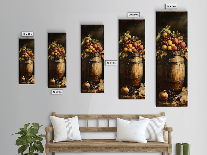 Still Life Oil Painting Print of Fruit and a Wine Barrel, Wine Room Art, Wine Cellar Art, Bar Decor, Tall Skinny Art, Skinny Vertical Art