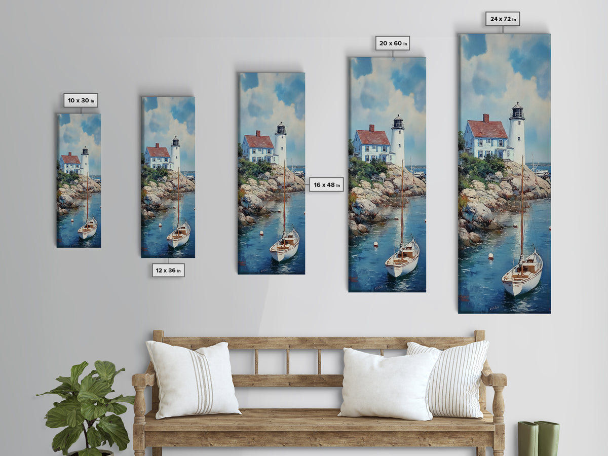 Canvas Print Lighthouse with Sailboat Art Nautical Decor Coastal Wall Art Cottagecore Maine Seascape Wall Art