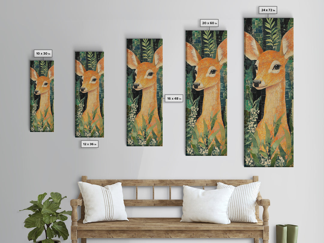 Canvas Print of Gentle Deer in Floral Forest, Boho Art, Whimsical Wall Art, Animal Decor, Tall Narrow Wall Art, Woodland Theme