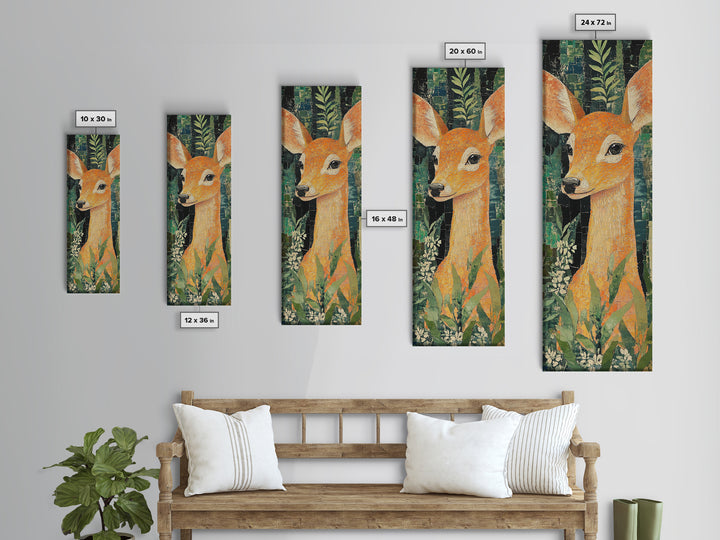Canvas Print of Gentle Deer in Floral Forest, Boho Art, Whimsical Wall Art, Animal Decor, Tall Narrow Wall Art, Woodland Theme