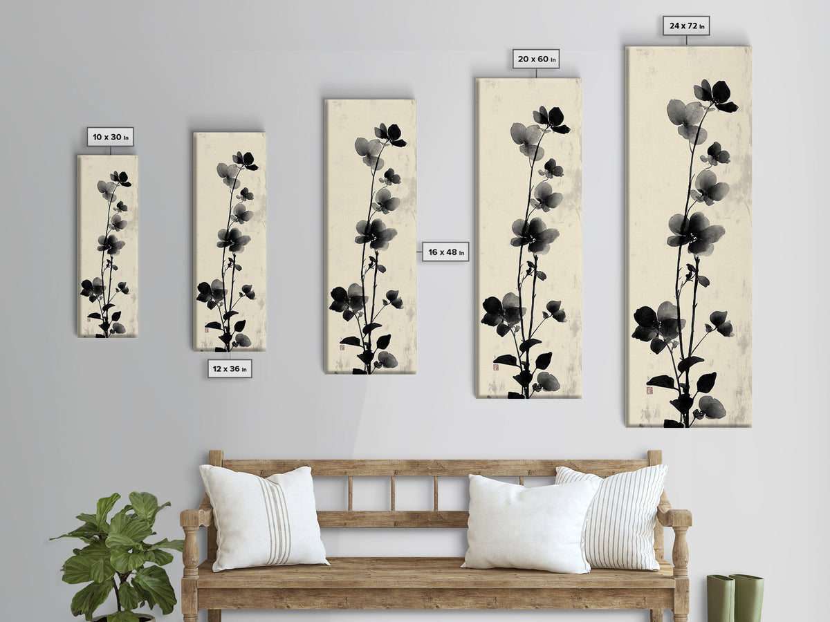 Framed Canvas Print Cherry Blossom Painting Black and White Floral Art, Wabi Sabi Decor, Japanese-Inspired Wall Art, Skinny Canvas Gift