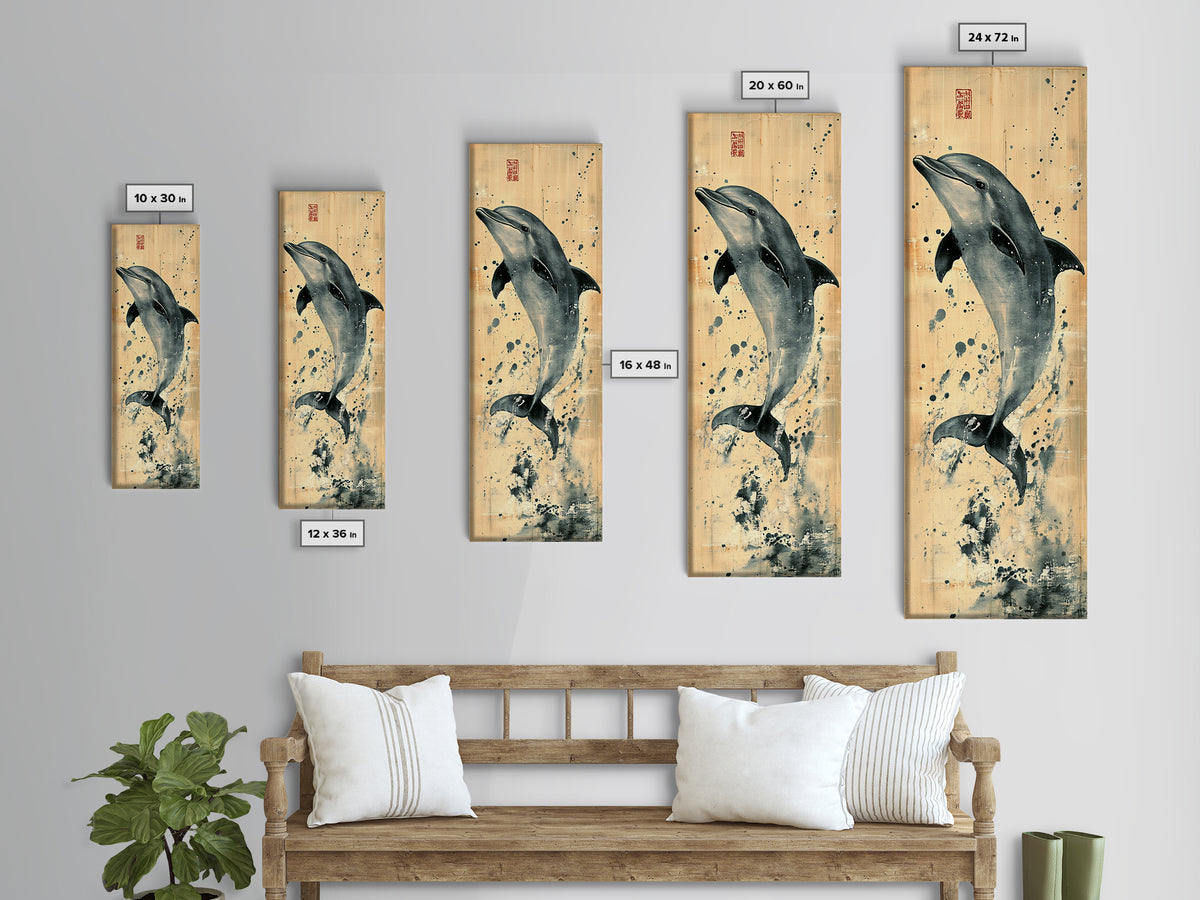 Framed Canvas Print Rustic Dolphin Art Coastal Decor in Nautical Theme, Minimalist Coastal Wall Art, Beach Living Room or Guest Room Decor
