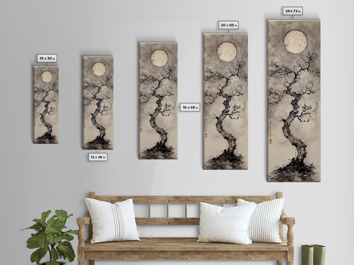 Canvas Print Moon and Tree Painting, Mystical Wabi Sabi Wall Art, Japanese-Inspired Rustic Decor, Above Bed Wall Art Gift Him
