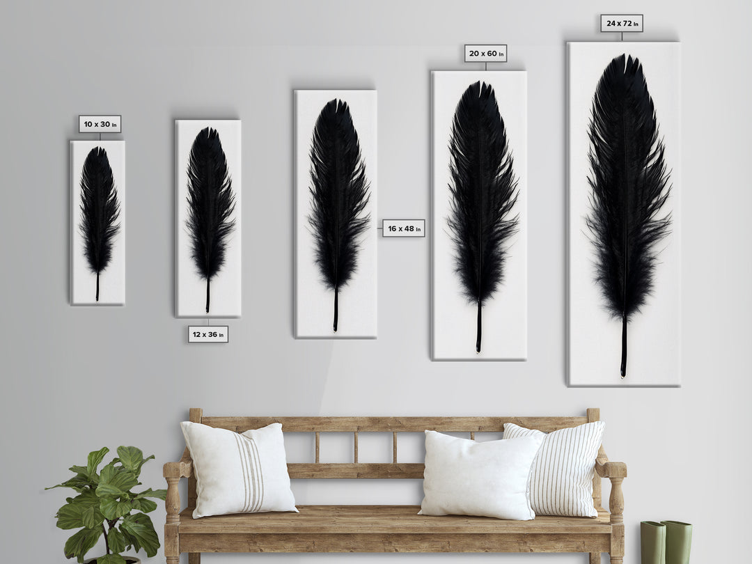 Black Feather Wall Art, Black Feather Painting Canvas Print, Boho Minimalist Home Decor, Feather Art, Tall Narrow Art, Skinny Art