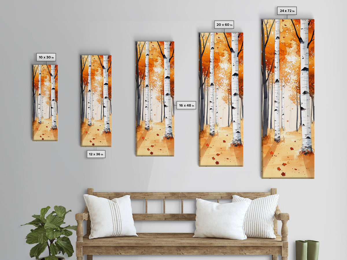 Autumn Birch Trees Framed Canvas Print – Rustic Decor, Tall Narrow Art, Cozy Fall Vibes, Birch Tree Art, Living Room Art, Above Bed Wall Art