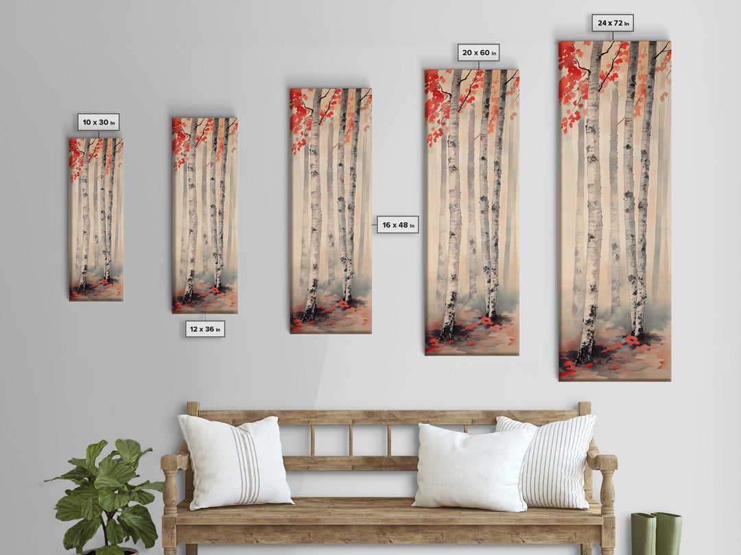 Birch Trees and Red Leaves Framed Canvas Print – Fall Vibes, Rustic Wall Art, Birch Tree Art, Cozy Autumn Theme, Living Room Art, Above Couch Decor