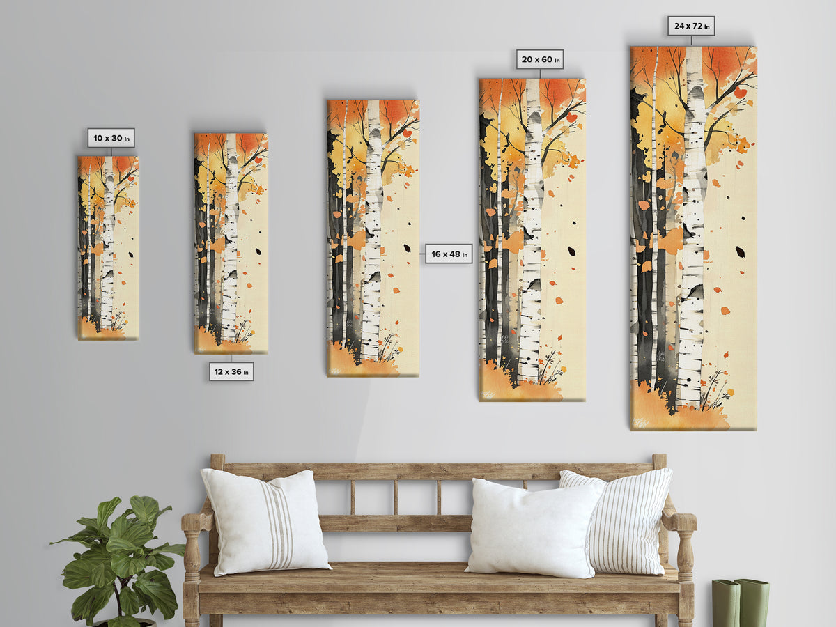 Autumn Forest Path Framed Canvas Print – Cozy Fall Art, Rustic Wall Art, Birch Tree Painting, Skinny Wall Art, Bedroom Wall Art, Autumn Decor
