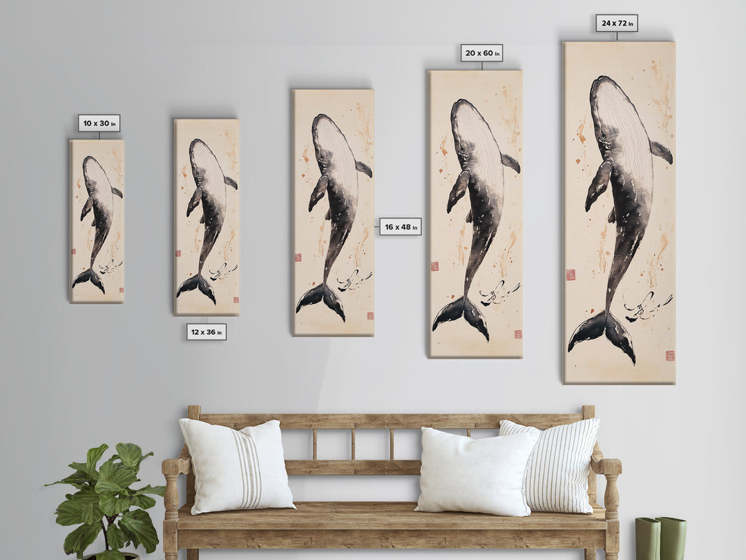 Minimalist Whale Ink Art Depicting Graceful Humpback Whale – Elegant Black and White Framed Canvas Print for Nautical or Coastal Decor
