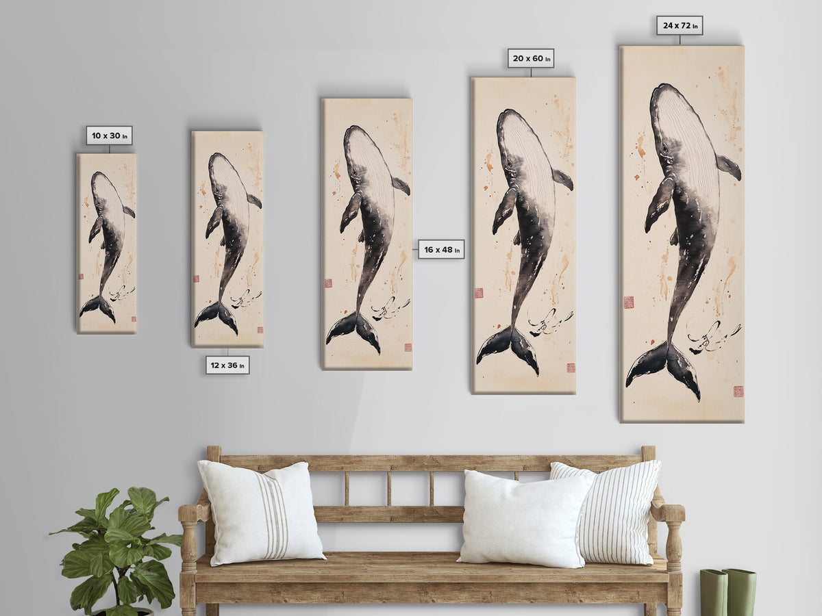 Minimalist Whale Ink Art Depicting Graceful Humpback Whale – Elegant Black and White Framed Canvas Print for Nautical or Coastal Decor