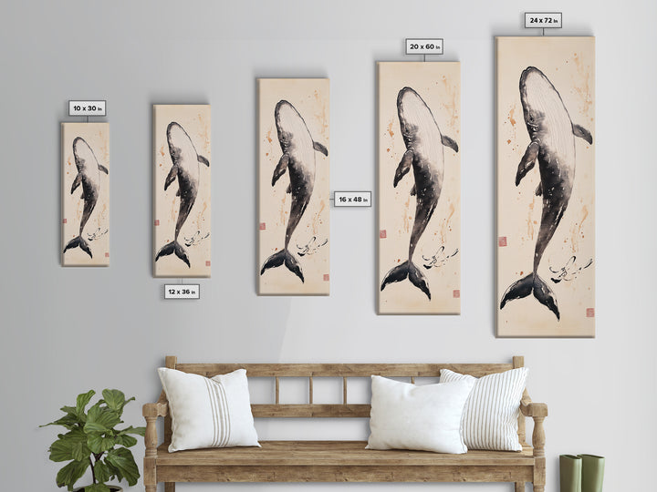 Minimalist Whale Ink Art Depicting Graceful Humpback Whale – Elegant Black and White Framed Canvas Print for Nautical or Coastal Decor