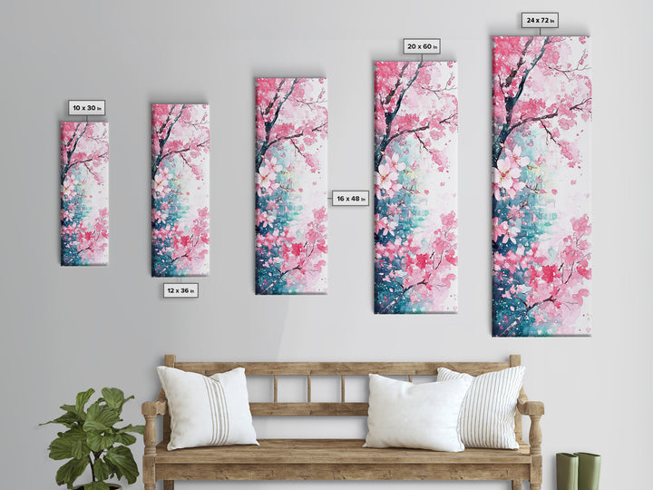 Blooming Pink Sakura Flowers Art - Framed Canvas Print for Japanese Decor, Cherry Blossom Art, Botanical Wall Decor, Pink Floral Painting
