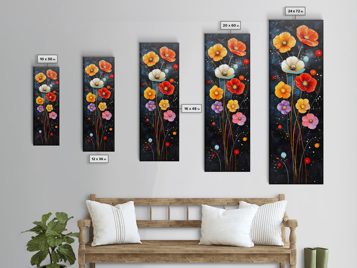 Abstract Poppy Garden Scene - Framed Canvas Print Showcasing Whimsical Florals on Dark Blue Background for Moody Decor